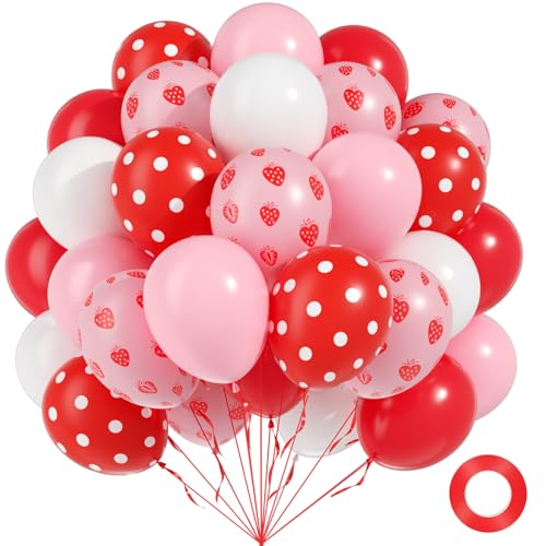 60pcs Strawberry Balloons 12inch White Pink and Red Print Balloons for Strawberry Baby Shower Birthday Party Decorations