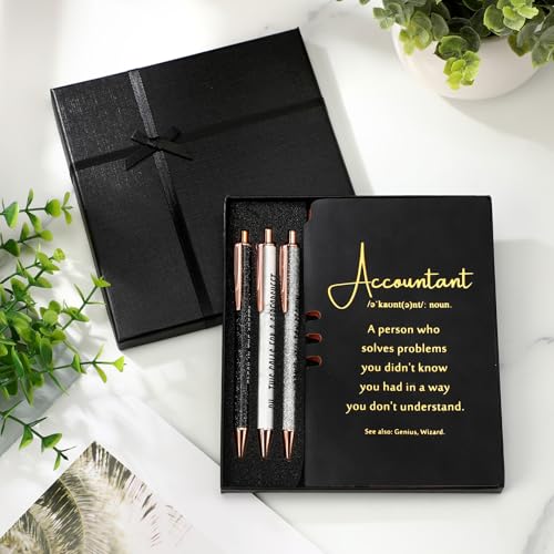 Spakon 5 Pcs Accountant Appreciation Gifts, Leather Journal with 3 Ballpoint Pens for Office Desk, Tax Season Gift for CPA Financial Boss Colleague Coworker(Black)