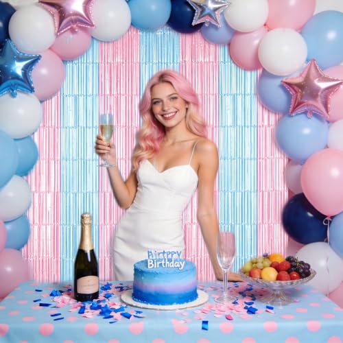 Image of TONIFUL Light Pink Light Blue Door Streamers,Black and Pink Photo Booth Backdrop Metallic Streamers Foil Fringe Curtain for Birthday,New Year,Graduation,Grad,Baby Shower Party Streamers Decoration