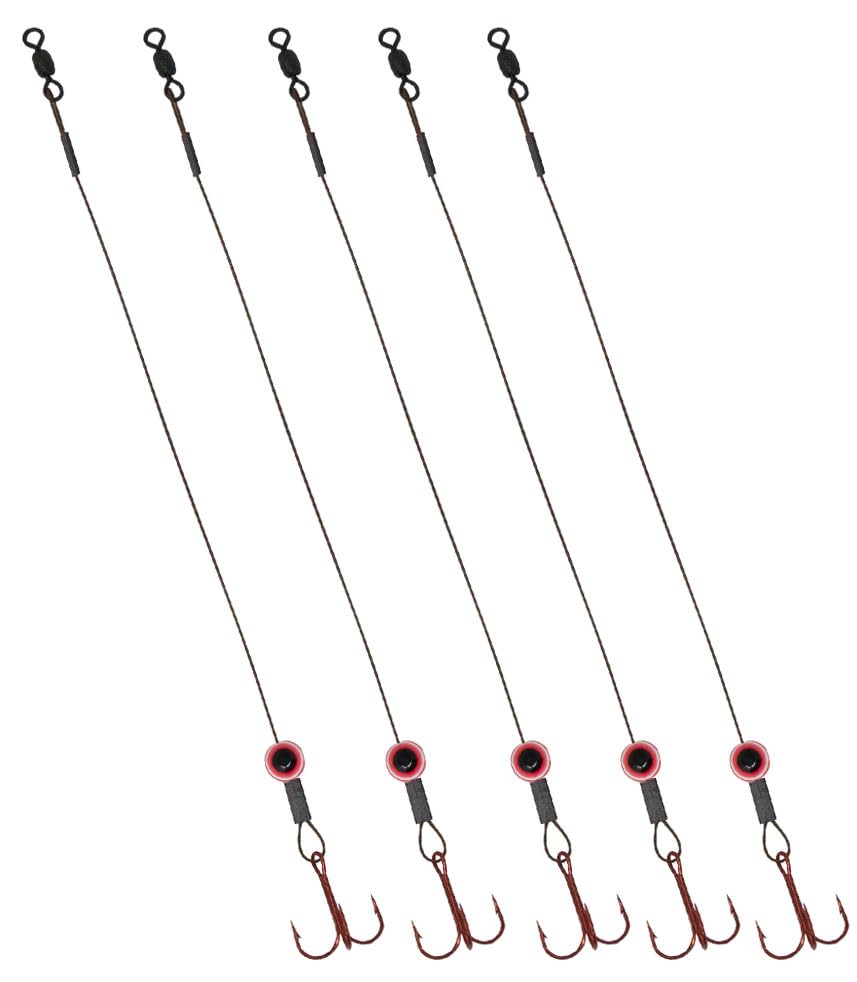 Tooth Shield Tackle Fish Eye Ice Fishing Tip Up Leader Rig (90 lb) Ice Fishing Sucker Walleye Pike Musky Predator Rig (5 Pack) (Camo/Red Fish Eye) (VMC # 4)