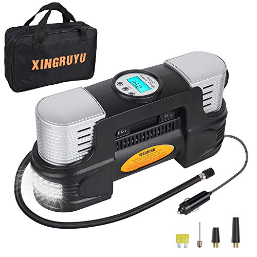 xingruyu Portable Air Compressor, Dual Cylinder Tire Inflator with Digital Gauge, 150Psi, 12V Air Pump for Car Tires with LED Light, Tire Pump with Overheating Protection, 3 Nozzles and Spare Fuse