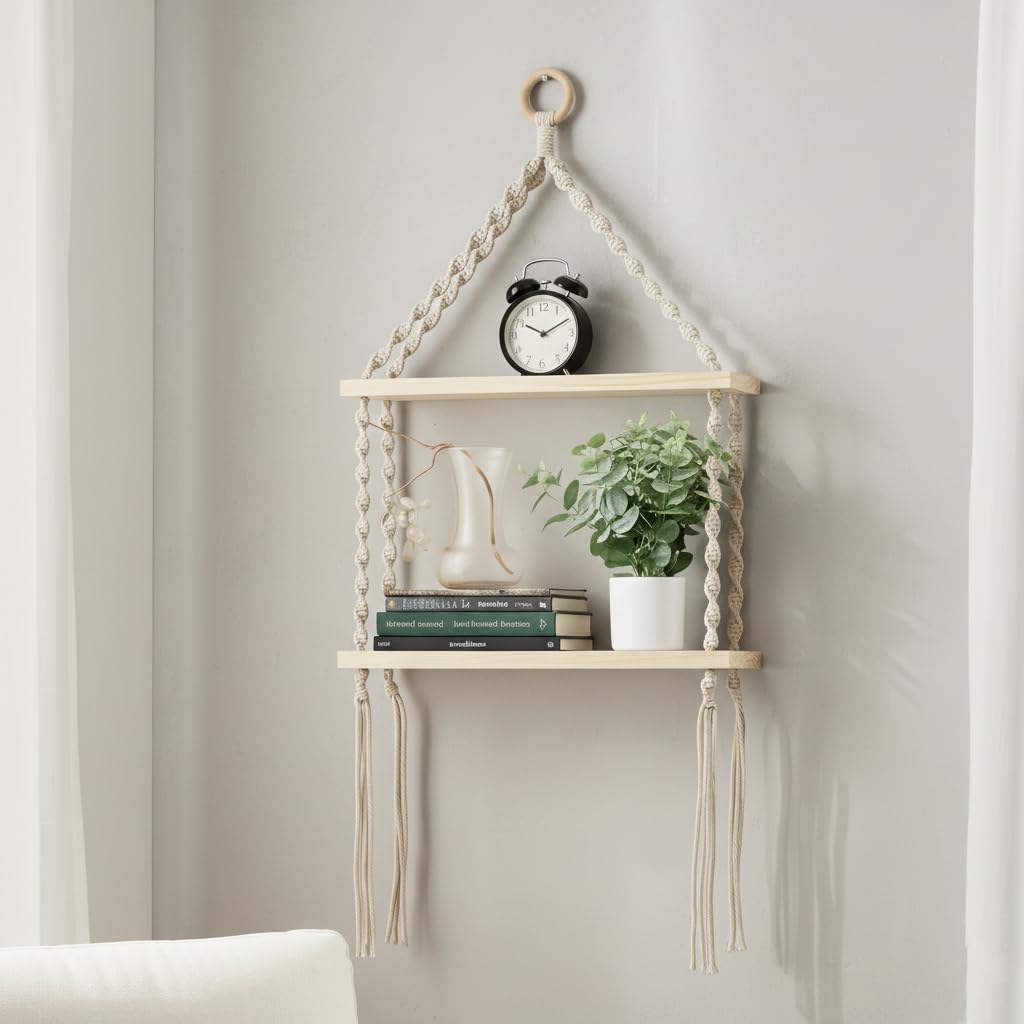 Decazone Macrame Wall Hanging Shelf Bohemian Designs Home Decor Pine Wooden Shelves and Cotton Cord (Bohemian)