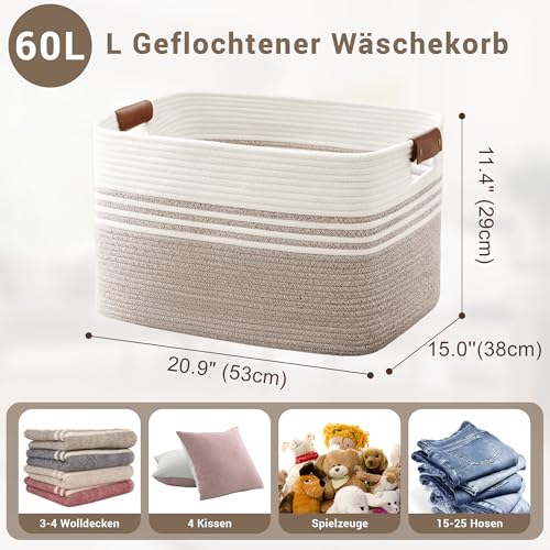 Wäschekorb Geflochten Groß aus Baumwollseil, 60L Aufbewahrungskorb mit Lederhenkeln, Korb für Decken, Kleidung, Spielzeug, Laundry Basket für Kinderzimmer Wohnzimmer, 53 x 38 x 29 cm, Weiß und Braun