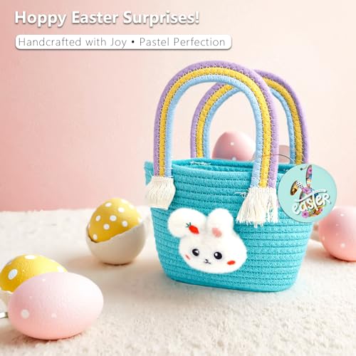 Image of Exun Bunny Baskets for Kids, Cute Cotton Tote Bag Hand-Woven Handbag with Rainbow Handles, Easter Egg Hunt Basket Bags for Boys, Girls, Toddler, Babies, Easter gift basket Personalized (Green)
