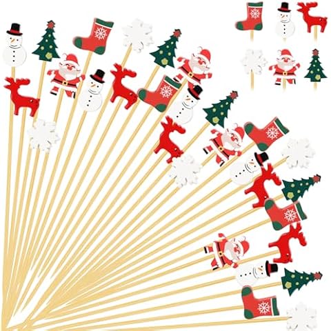 Christmas Cocktail Picks for Christmas Party Supplies Themed Decorations, Fancy Christmas Toothpicks for Appetizers Fruit Drinks, 4.7 IN Bamboo Xmas Skewers Food Sticks Charcuterie Accessories 100PCS Cover