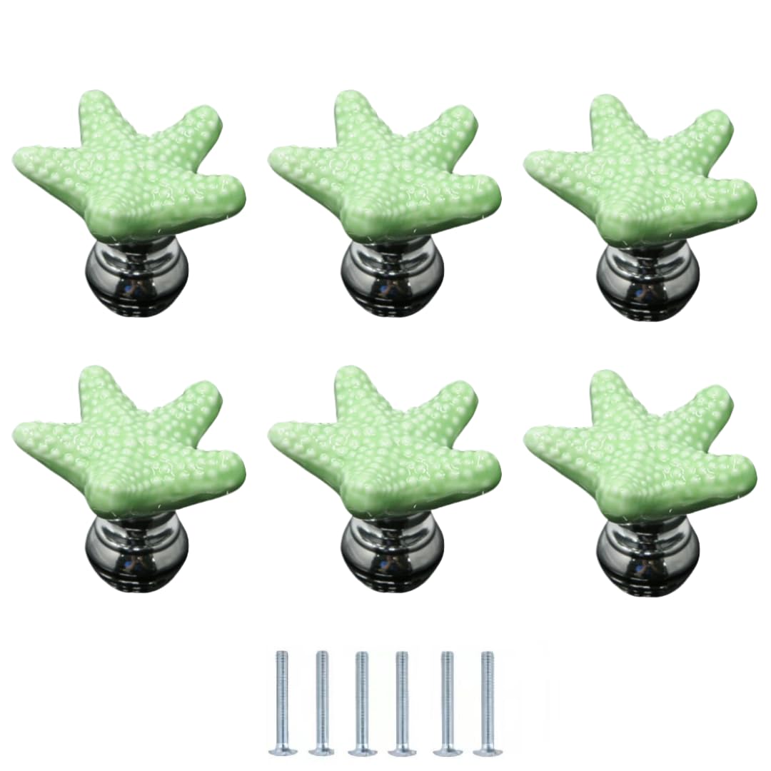 ENmrfvkz Ceramic Cupboard Drawer Handle Knobs, Ceramic Starfish Knobs for Cabinet Drawer Door, 6 Pcs, Multicolor, 34x24mm(Grün)