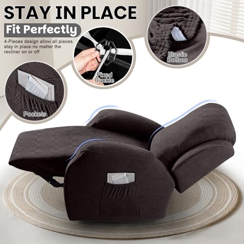 VANSOFY Recliner Chair Covers, 4-Pieces Stretch Recliner Cover Jacquard Soft Reclining Chair Slipcover Furniture Protector with Elastic Bottom for Lazy Boy Recliner(Chocolate)