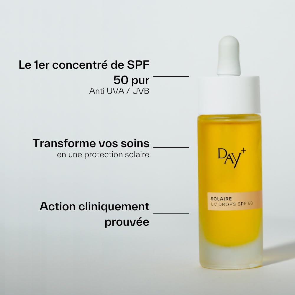DAY+ | UV DROPS SPF 50 | Sérum Visage Concentré Solaire Haute Protection | Protège des UVA/UVB, Lutte contre les rides & le vieillissement cutané | Karanja, Buriti, Pépins de raisin | Flacon 30 ml