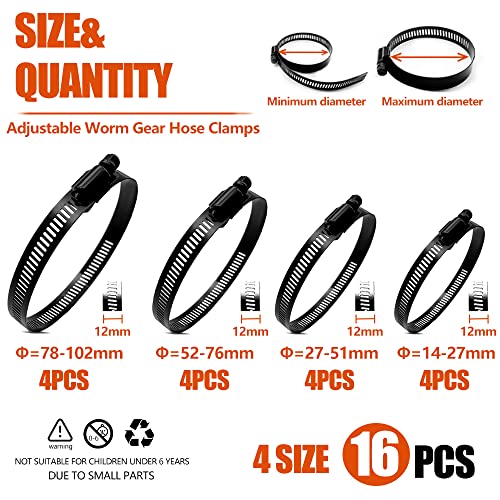 Botten 16Pcs 4 Sizes Hose Clamp,9/16-4 Inch(14-102Mm)Hose Clamps Stainless Steel Adjustable Worm Gear Black Hose Clamp Assortment Kit ,Radiator Hose Clamps, Fuel Line Clamps #TOP1