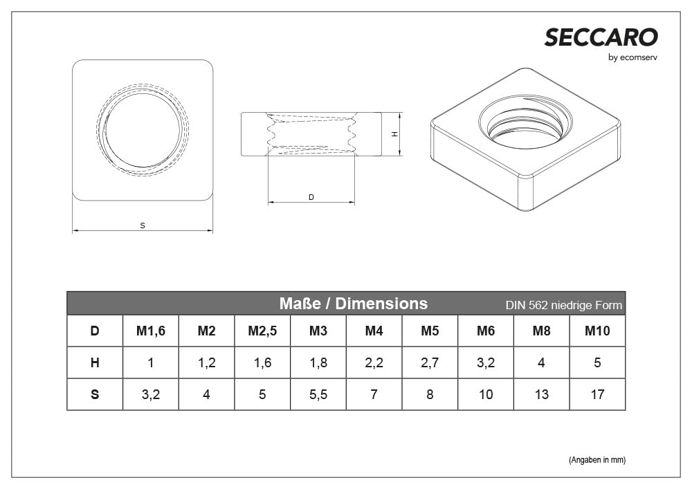 Dado Quadrato Dimensioni Dadi Quadrati Bassi In Acciaio Inox - Set Completo M2-M10 DIN 562 Dadi Din 562 Acciaio Inox - Foto 8