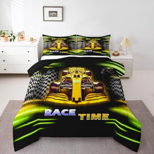 Image of Feelyou Kids Race Car Bedding Set King Size, Yellow Ombre Comforter Set Boys Girls Racing Speedy Car Duvet Insert Teens Bedroom Decor Bed Set 3Pcs