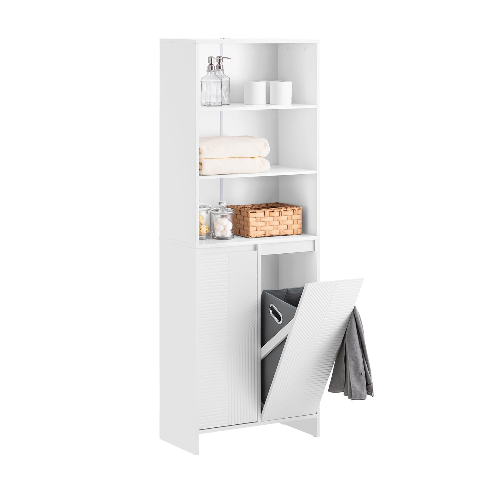 SoBuy Mueble Auxiliar Baño con Cesto para Ropa Sucia, Armario Lavadero Alto Estrecho con Puertas y Estantes Abiertos, Mueble Columna Baño Blanco 60x30x171cm BZR155-W