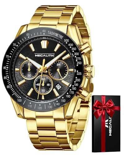 MEGALITH Relojes Pulsera Hombre Oro: Cronógrafo Acero Impermeable - Grande Relojes Hombre Analógico Cuarzo Calendario