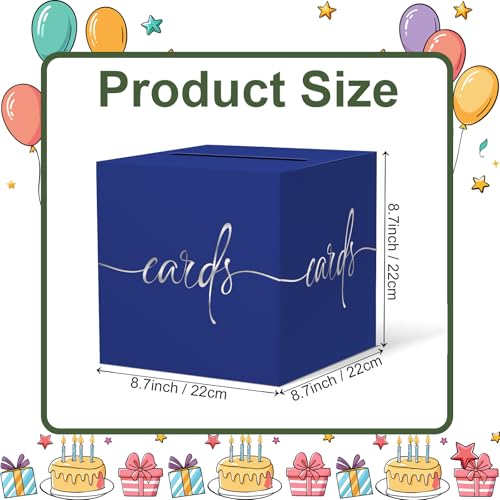Image of Dark Blue Card Box with Silver Foil Design, Paperboard 8.7 inch Card Box for Birthday Wedding Party Graduation Retirement Anniversary Valentine's Day & Baby Showers, Raffle or Money Box