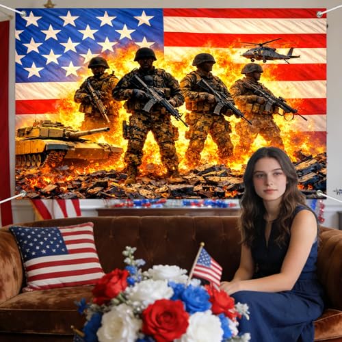 Image of IVN Patriotic Soldier Backdrop Banner 71 x 43 Inch 4th of July Veterans Day Memorial Day Banner Decorations Supplies Independence Day Themed America Independence Day Backdrop