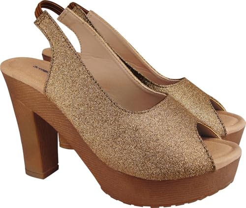 Image of Action Women's Platform Sandals| Block Heel| Glitter Embellished| Grey, Beige