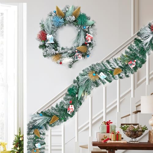 Christmas Wreaths for Front Door, 24-Inch Snow Frosted Wreath with Rustic House and Pinecones, Farmhouse Winter Xmas Wreath for Fireplace, Table, Windows, Walls