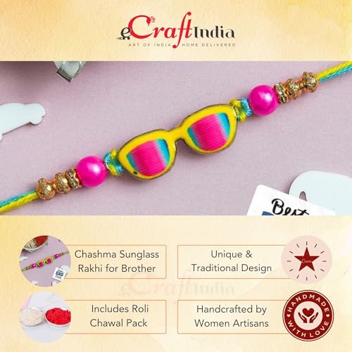 Image of eCraftIndia Chashma Sunglass Design Rakhi for Kids Girls Boys with Best Bro Ever Fridge Magnet | Raksha Bandhan Kids Rakhi for Brother Bhaiya Bhai | Roli Chawal Pack