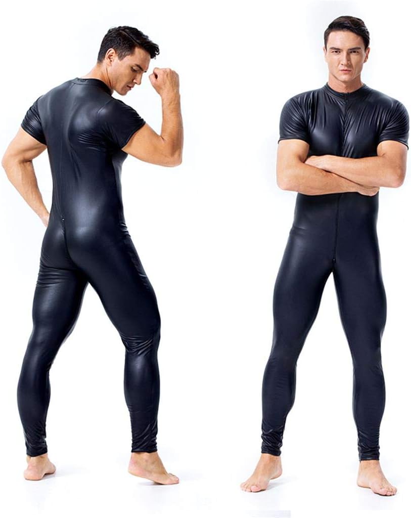 ZSQBQ Men Sexy Wetlook Bodysuit Latex Catsuit Short Sleeves Babydoll Underwear Nightclubs Performance Costume