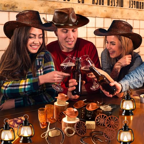 Image of 24Pcs Cowboy Theme Party Decoration, Western Cowboy Party Centerpieces, Mini Cowboys Hat Lantern Horseshoe Wagon Wheel Hay Bales for Western Wedding Birthday Vintage Ornament Decor