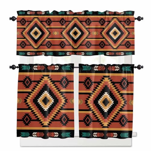 Aztec Southwest Kitchen Curtains 36 Inch Length, 3 Piece Rod Pocket Small Half Tiers and Valance Set, Orange Black Boho Tribes Abstract Small Large Window Treatment Decor for Bedroom/Bathroom Sink