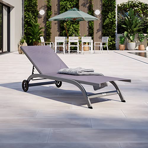 Avril Paris Bain de Soleil/transat de Jardin inclinable 5 Positions Aluminium avec roulettes - Gris Anthracite - POL Cover