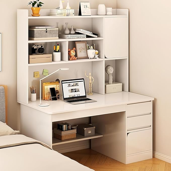 Opiniones y reviews de Muebles para Escritorio los más recomendados. 42 Habitdesign Escritorio con Cajones y Repisas Blanco para Computadora Minimalista Mesa Esquinero con Estante De 5 Niveles y 2 Cajones y 2 Taquillas Desk para Recamara,Sala...