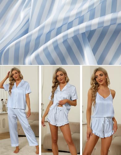 SAPJON Silk Pajamas for Women Set 4Pcs Ruffled Satin Pajamas Set Button Down Short Sleeve Cami Shorts Sleepwear Pj Set2