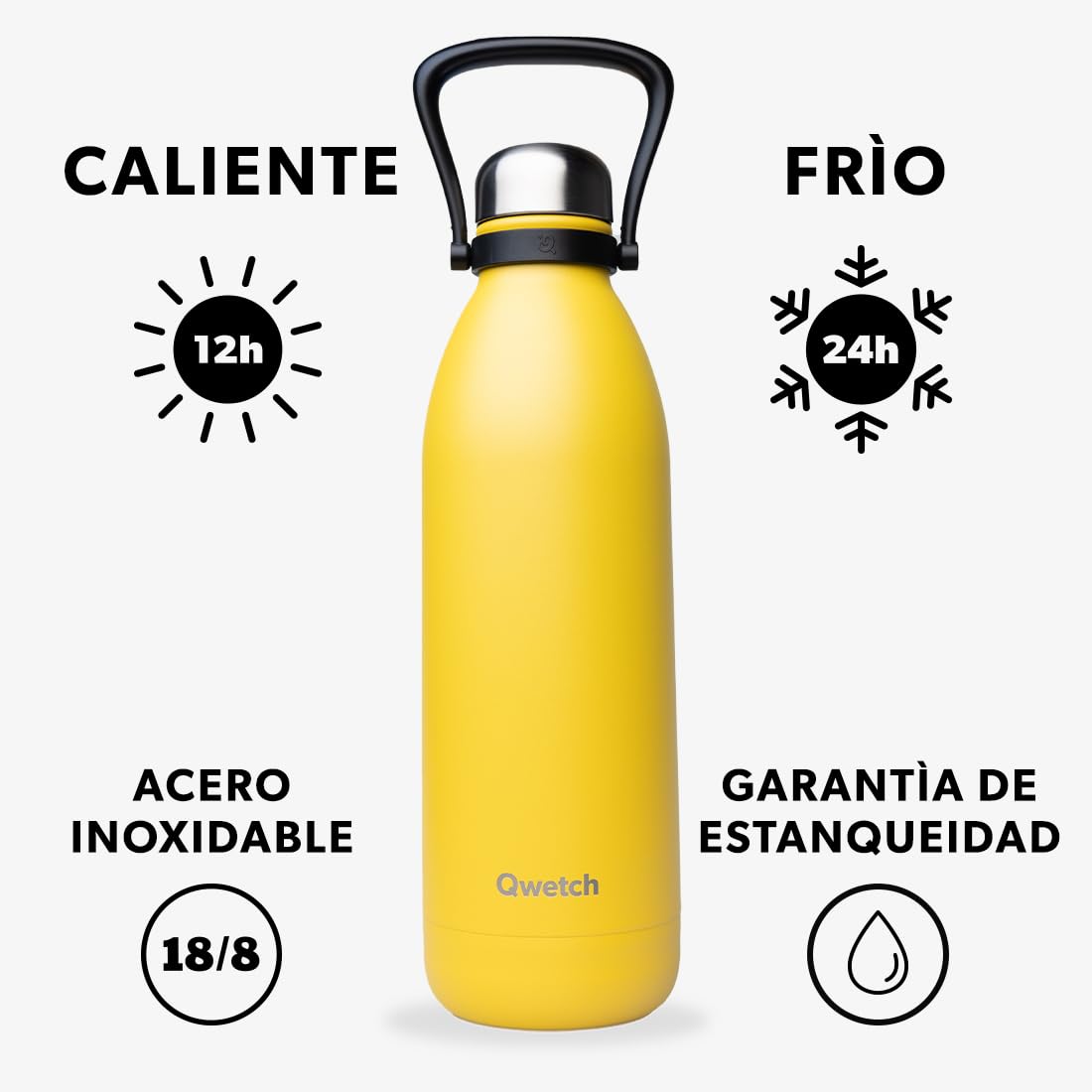 Qwetch - Botella Térmica Grande Inox 1,5L Amarillo Titan - 48h Frío y 16h Caliente - Hermética & Sin BPA - Cantimplora de Acero Inoxidable con Asa - Termo para Camping, Picnic, Familia