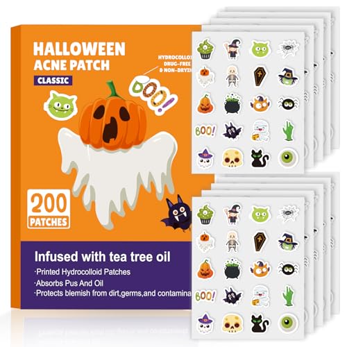 200 Count Pimple Patches Halloween Acne Patch Cute Ghost Bat Halloween Stickers Hydrocolloid Acne Pimple Patches with Salicylic Acid and Tea Tree for Covering Zits and Blemishes