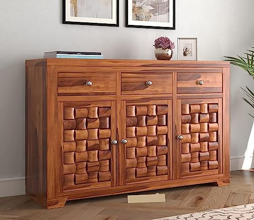 Image of Credenza Sheesham Wood Sideboard Cabinet | 3 Drawer & 3 Shelf Solid Wood Storage | Honey Finish Buffet Table for Living Room, Dining Room, Kitchen Cabinet & Home Furniture