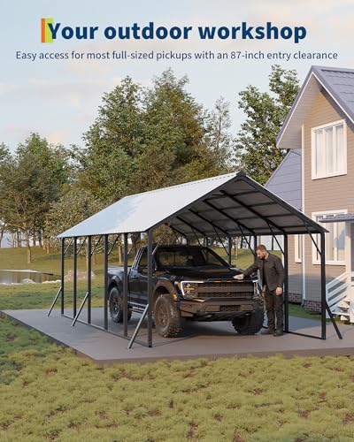Image of GarveeLife 13x26 ft Metal Carport with Vertical Roof, Heavy-Duty Metal Car Port 120 Steep-Pitch Roof, 133 inch High-Clearance for Full-Sized Pickups, Tractors, and Bass Boats