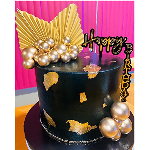 23 Pcs Acrylic Right Angled Vertical Happy Birthday Cake Topper Gold Palm Leaves Balls Cupcake Toppers For Birthday Wedding Baby Shower Party Decoration (Golden) #TOP2