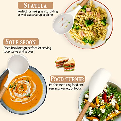 Umite Chef Kitchen Cooking Utensils Set, 33 Pcs Non-Stick Silicone Cooking Kitchen Utensils Spatula Set With Holder, Wooden Handle Silicone Kitchen Gadgets Utensil Set (Cream White) #TOP3