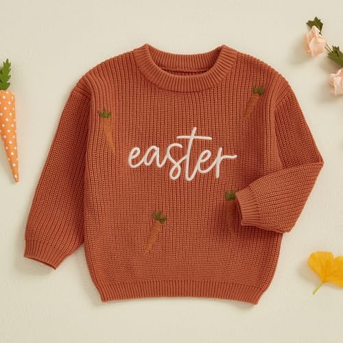 Owl's-Yard Kids Easter Sweater Long Sleeve Crew Neck Carrot Letters Warm Winter Sweater Easter Clothes for Girls Boys3