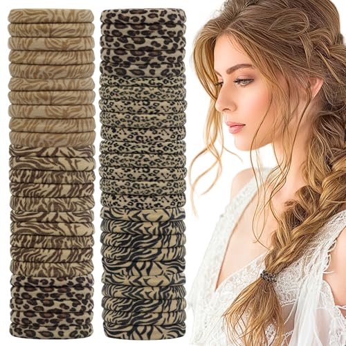LUFFLOK 50 Piezas Coleteros, Gomas para Pelo Suaves Sin Daño, Sujetadores de Cola de Caballo para Mujeres y Niñas, Gomas de Pelo para Cabello Grueso, Leopardo Accesorios para Pelo Mujer (50 Piezas)