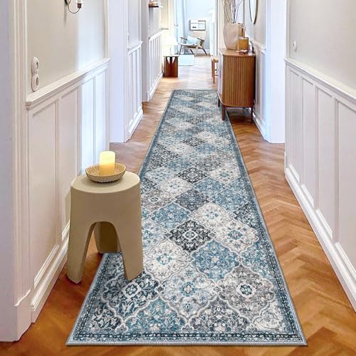 KILOCOCO 2x12 Runner Rug, Moroccan Super Soft Washable Hallway Entryway Runner Rug, Accent Print Faux Wool Kitchen Runner Non-Slip Boho Carpet for Laundry Room Bedroom, Blue/Multi