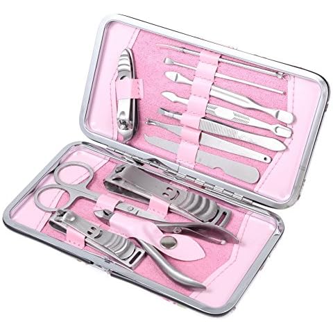 rayinblue 12pcs Stainless Steel Manicure Pedicure Set Nail Scissors Nail Clippers Kit With Pink Case Cover