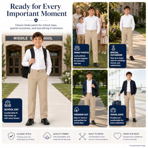 Image of Bienzoe Boys School Uniform Pants: Adjustable Waist Flat Front | Students Ages 6-13, Classroom Days, Picture Day, Awards, Open House, Chapel, Family Events, Lean-To-Regular Builds, Neat Look