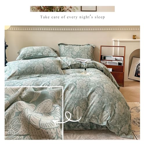 VM VOUGEMARKET Sage Green Duvet Cover Queen with Jacquard Flower Pattern Linen Cotton Yarn-Dyed Textured Duvet/Comfoter Cover Set,Moisture Wicking Retro Bedding Set for Adults