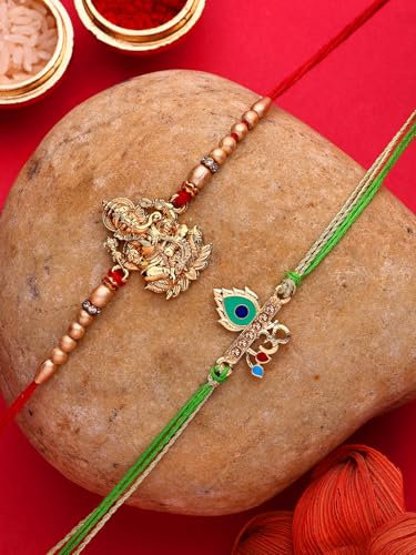 Image of Sukkhi Rakhi Beautiful Floral Design Purple Meenakari Work with AD Stones & Pearls Combo Rakhi for Brother with Roli Chawal & Greeting Card|Quirky Rakshabandhan Rakhi for Bhaiya|Set of 2