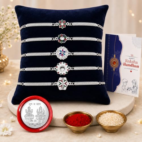Image of Periapt Rakhi for Brother Set of 5 - Stylish Silver Colour Mix Design Rakhi with Pooja Coin, Greeting Card & Tilak Set | Traditional Rakhi Gift Combo for Raksha Bandhan (K1 1063)