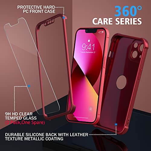 Oretech For Iphone 13 Case, With [2 Pcs Glass Screen Protector] [Camera Protection] [Sgs Certified Military Grade ] 360 Shockproof Full Body Phone Case Iphone 13 Cover Slim Thin Case 6.1", Red #TOP3