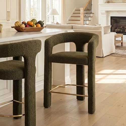 Image of HNY Modern Barrel Bar Stools, 26 Inch Upholstered Sherpa Counter Height Bar Stools with Open Back and Armrests for Kitchen Island, Home Bar, Dining Room, No Assembly, Green