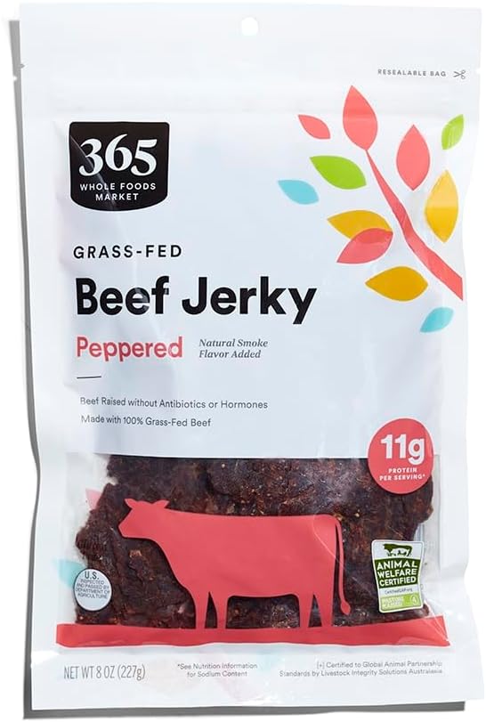 Grass-Fed Beef Jerky, Peppered, Natural Smoke Flavor, 8 Ounce
