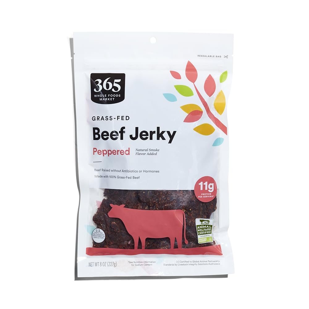 365 by Whole Foods Market, Grass-Fed Beef Jerky, Peppered, Natural Smoke Flavor, 8 Ounce
