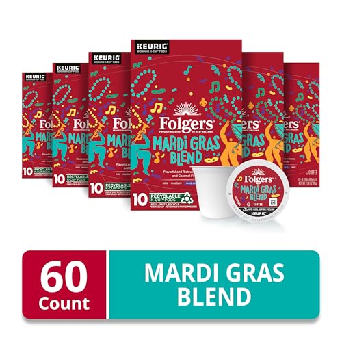 Image of Folgers Mardi Gras Blend Medium-Dark Roast Coffee, Keurig K-Cup pods, 10 Count Box (Pack of 6)