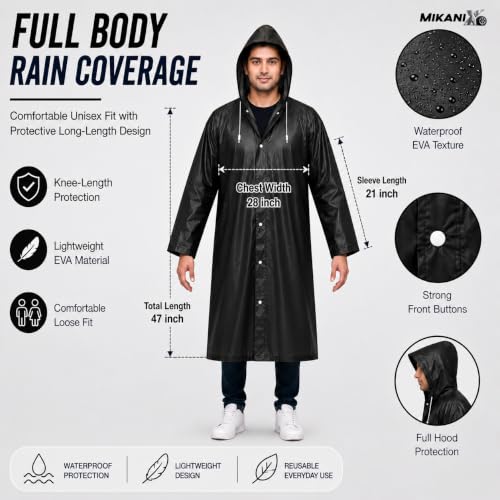 Image of MIKANIX Waterproof Hooded Raincoat for Men & Women | Full Length Reusable PVC Rain Wear | Lightweight Windproof Rain Jacket with Front Button Closure (Pack of 1)