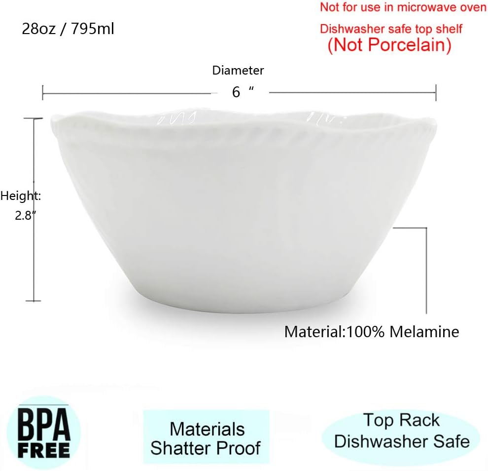 One-Day Sale: Up to 80% Off Melamine Cereal Bowls Set - 28 oz/6 inch 100% Melamine Soup/Salad Bowls | set of 6, White | Break-resistant and Dishwasher Safe, BPA Free