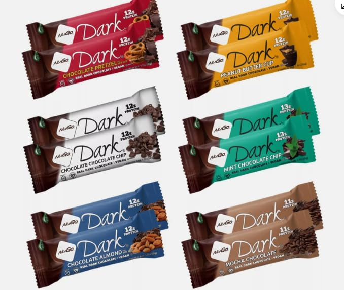 Variety Pack Dark Protein Bars – "Made for NuGo Nutrition" – 12 Count. Flavors include Pretzel, Mint, Chocolate Chip, Mocha, Peanut Butter, Coconut, or Almond. Kosher Pareve, Dairy-Free, Vegan, and Gluten-Free. Packaging by The Kitchen Queen, High Protein Bars 12 Ct.